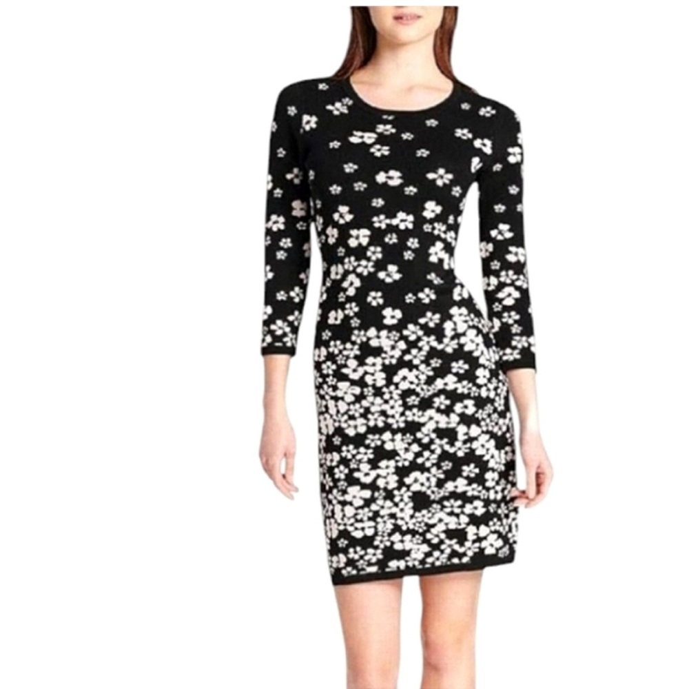 Tommy Hilfiger Black and White Floral 3/4 Sleeve Sweater Dress - XL